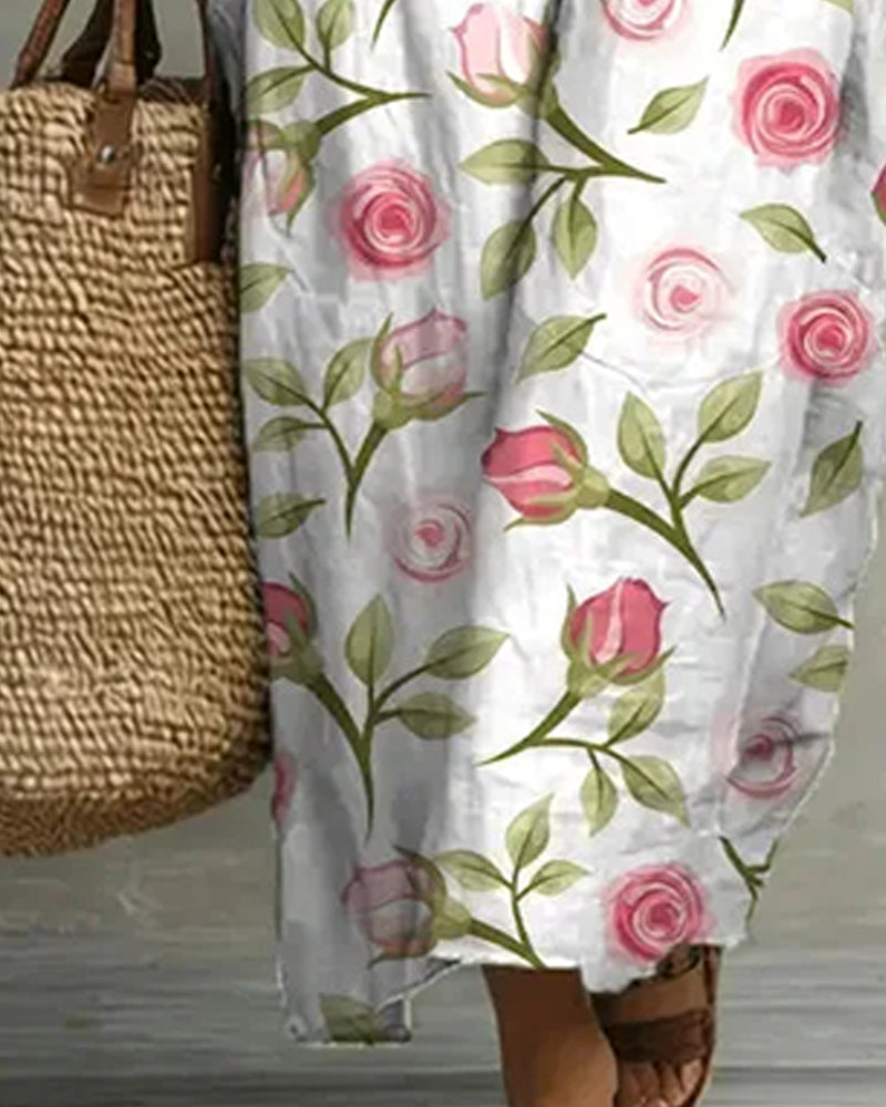 Rose Print Ruffle V-Neck Dress