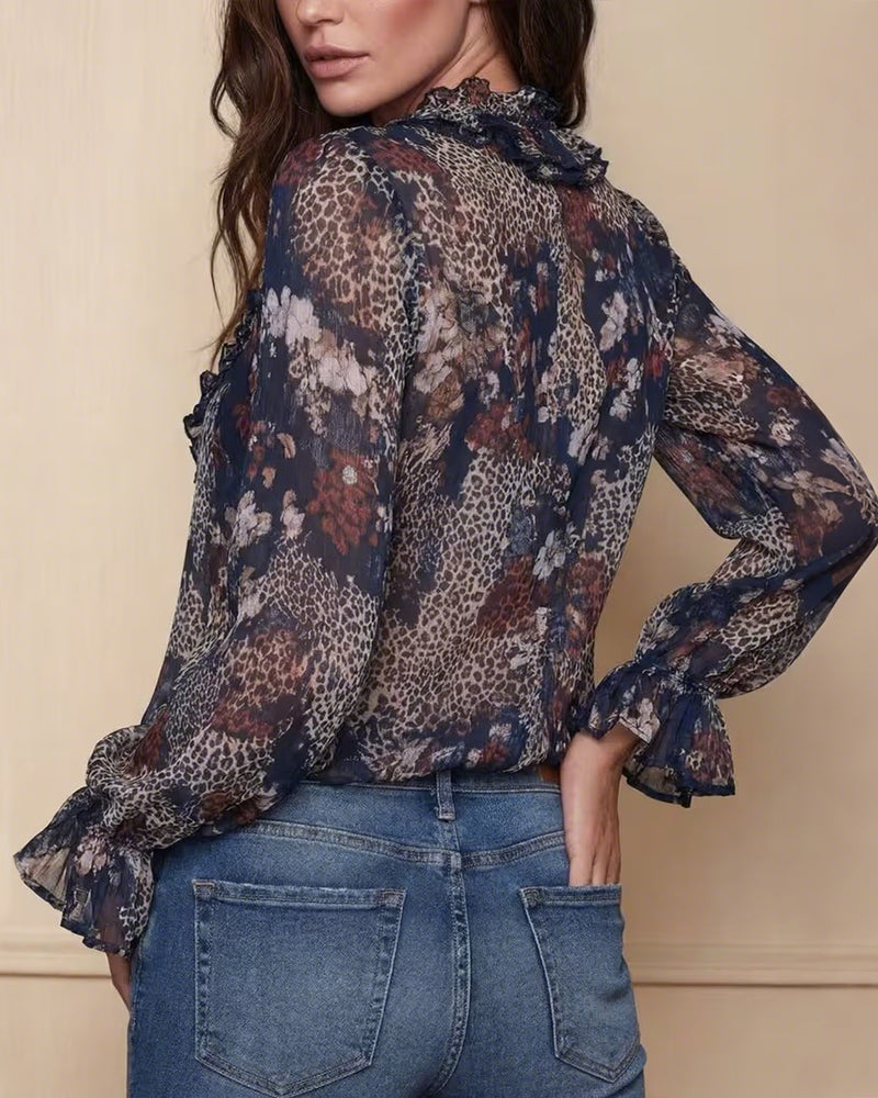 Casual Half-Zip Ruffle Leopard Print Blouse