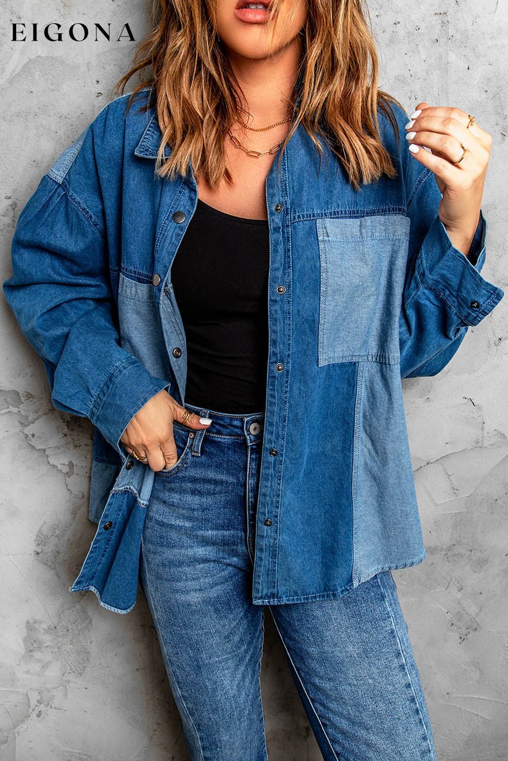 Color Block Snap Denim Jacket Blue 2XL clothes jacket long sleeves Ship From Overseas SYNZ top