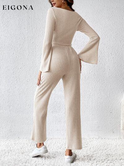 Ribbed Flare Sleeve Top and Pants Set, Loungewear Sets clothes lounge lounge wear lounge wear sets loungewear loungewear sets pajamas sets Ship From Overseas Z@Q