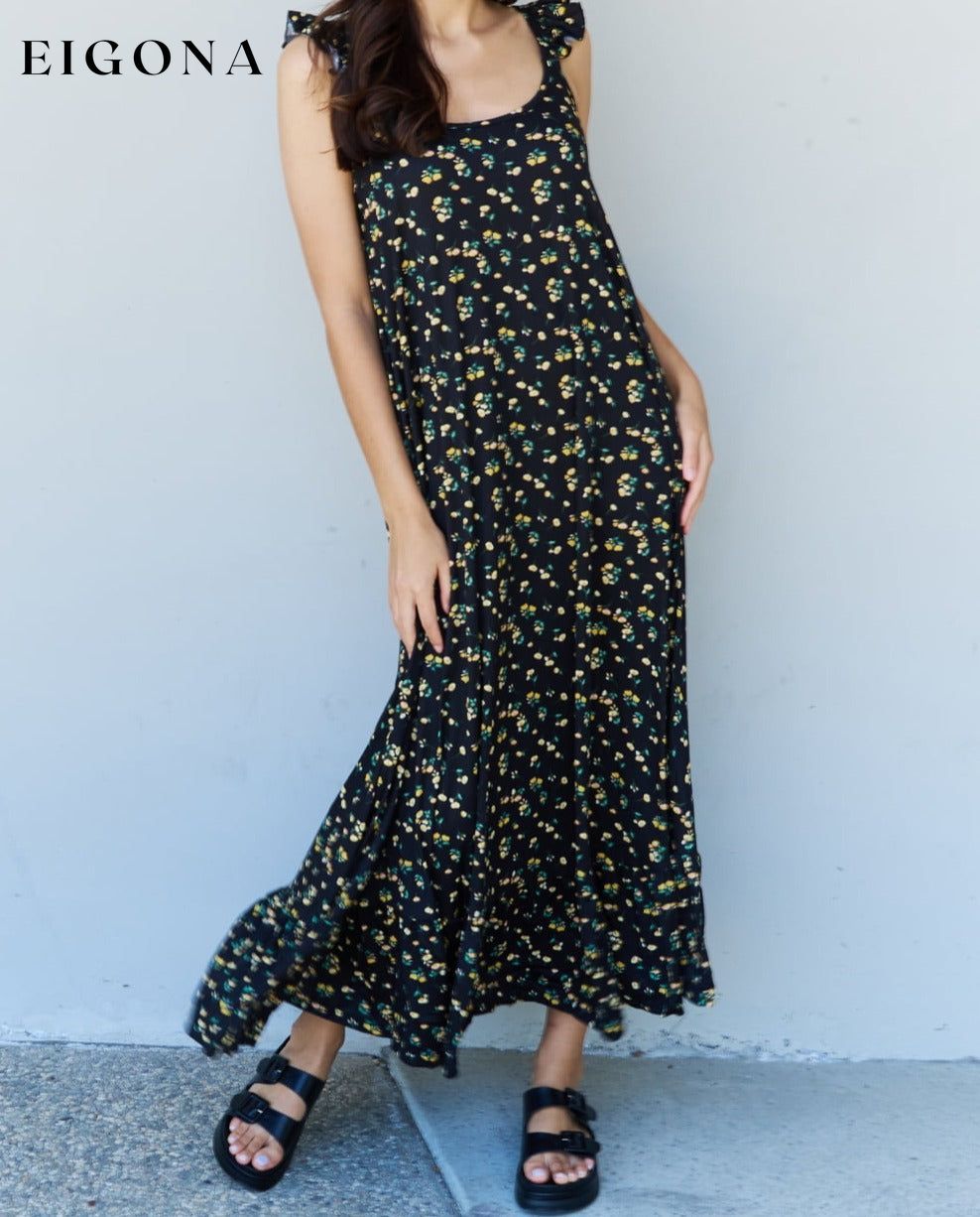 Ruffle Floral Maxi Dress in Black Yellow Floral casual dress casual dresses clothes dress dresses Labor Day Sale maxi dress maxi dresses Ninexis Ship from USA