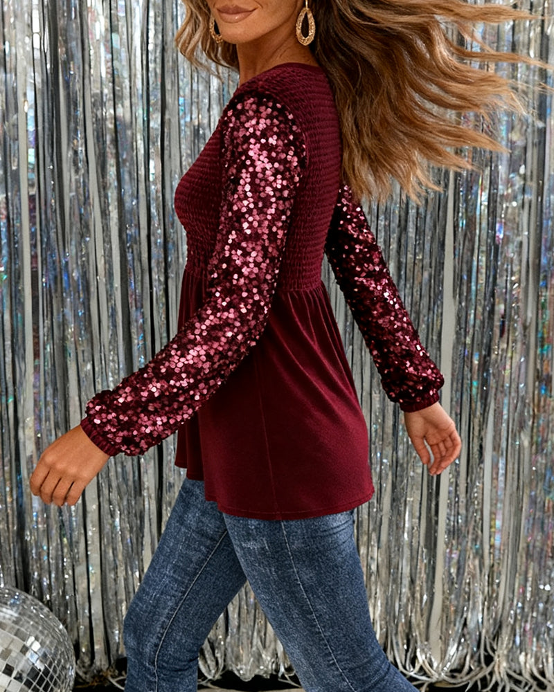Sequined Crew Neck Paneled Top