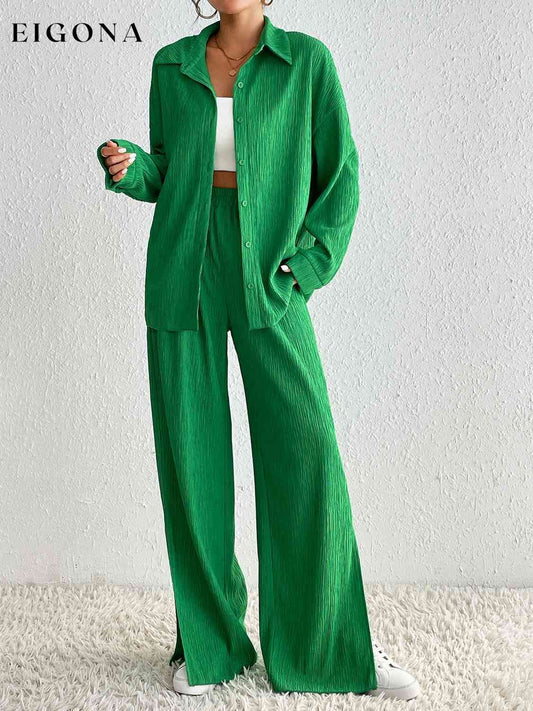Collared Neck Shirt and Slit Pants Set Mid Green bottoms clothes Hanny long sleeve shirts long sleeve top set sets Ship From Overseas top tops Women's Bottoms