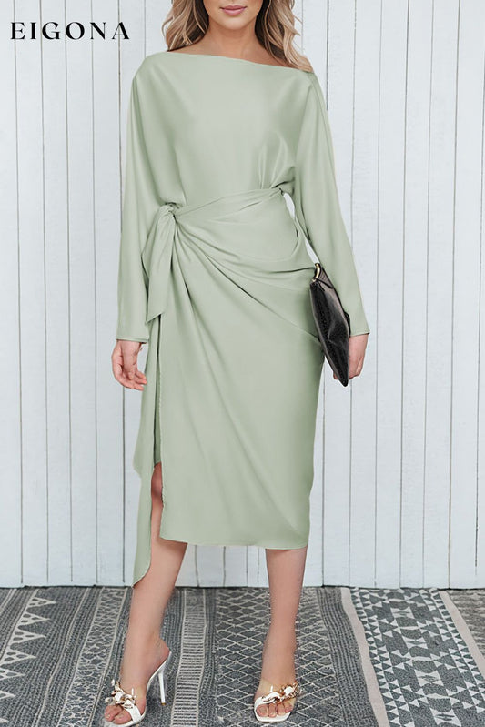 Green Satin Wrap Tie Side Boat Neck Long Sleeve Dress Green 90%Polyester+10%Elastane clothes Day Valentine's Day dress dresses Fabric Satin formal dress formal dresses midi dress midi dresses Occasion Daily Occasion Wedding Print Solid Color Season Four Seasons Style Elegant