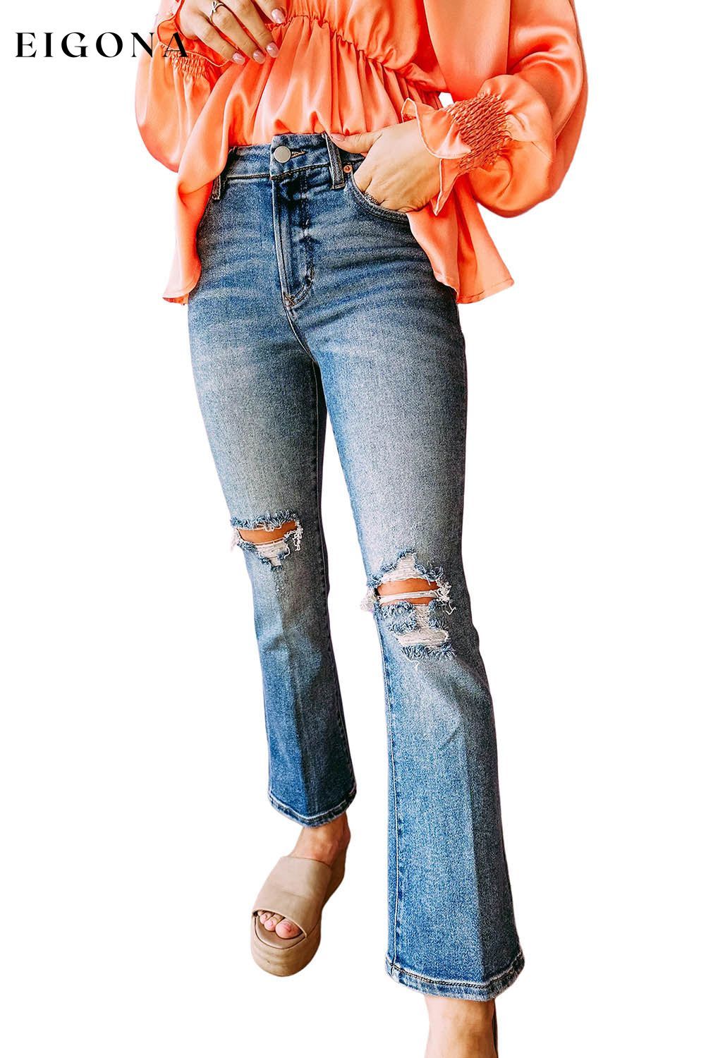 Sky Blue Distressed Ripped Flare Jeans All In Stock bottoms clothes Color Blue Craft Distressed Fabric Denim Jeans Occasion Daily Season Spring Style Southern Belle