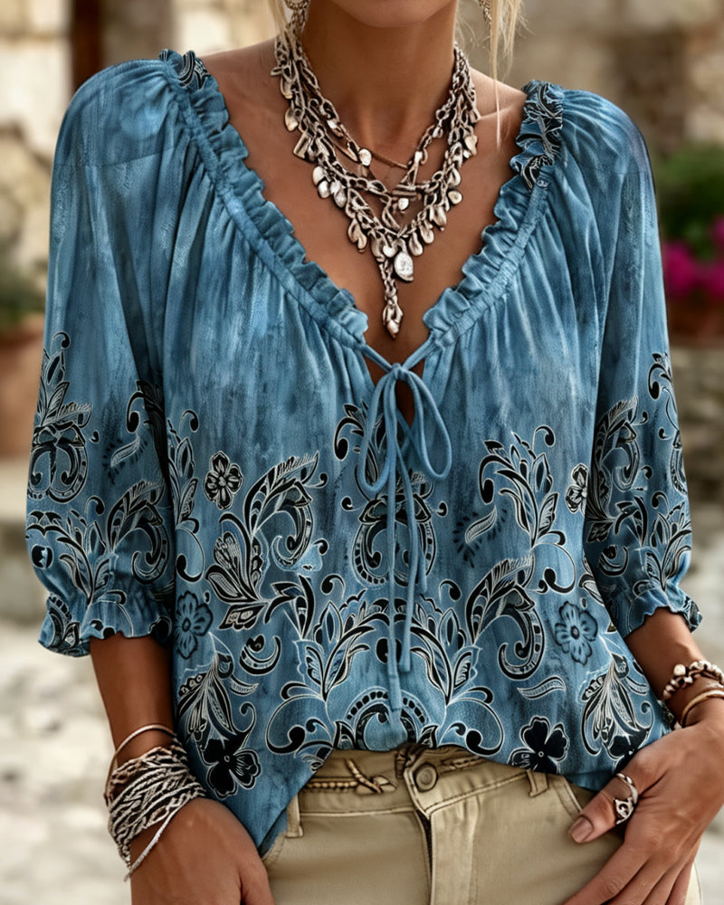 Bubble Three-Quarter Sleeve Tie Blouse