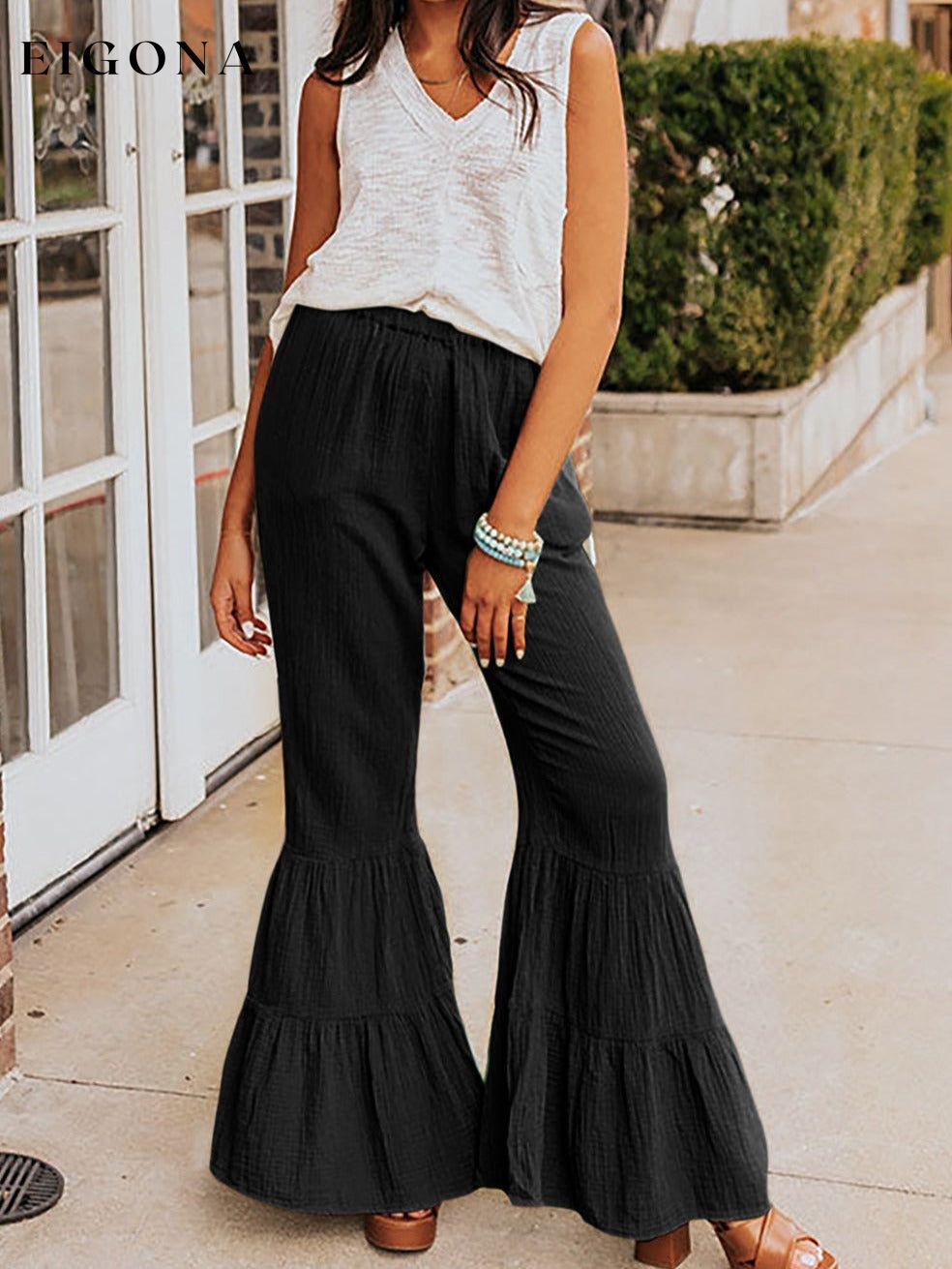 Black Textured High Waist Ruffled Bell Bottom Pants All In Stock bottoms clothes Fabric Linen Occasion Daily pants Print Solid Color ruffles bell pants Season Spring Silhouette Flare Style Western