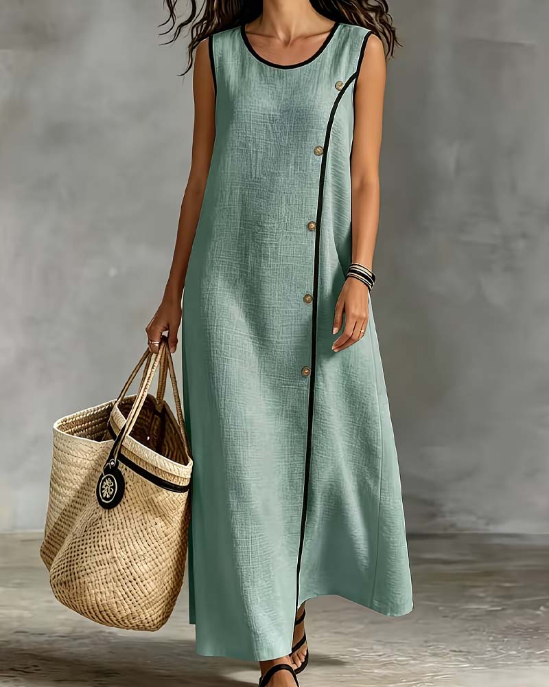 Sleeveless Contrast Side Button Dress