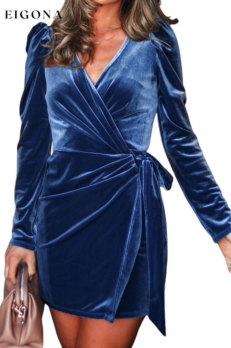 Sail Blue Velvet Waist Tie V Neck Wrap Long Sleeve Mini Dress casual dresses clothes cocktail dresses dress dresses evening dress evening dresses formal dress formal dresses long sleeve dress short dress short dresses