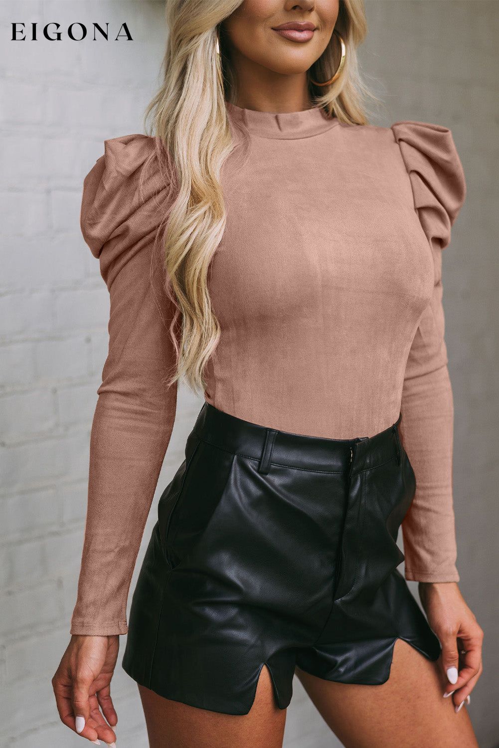 Pink Puff Sleeve Suede Bodysuit clothes long sleeve bodysuit Occasion Daily Print Solid Color puff sleeve bodysuit Season Fall & Autumn shirt Sleeve Puff sleeve Style Elegant top