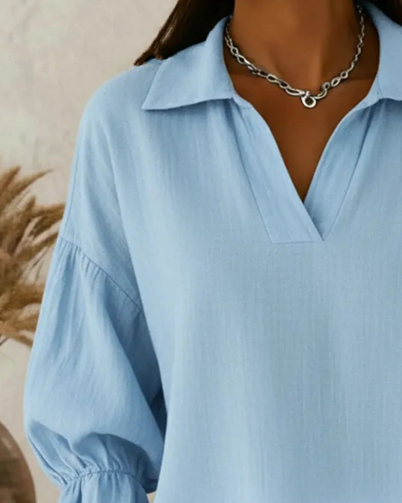 Lantern-Sleeve Ruffled-Collar Blouse