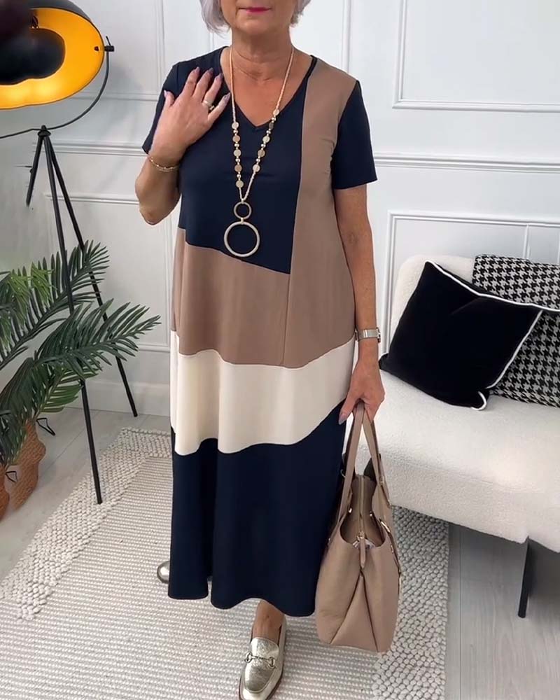 Color block v-neck casual short sleeve dress 202466 casual dresses summer