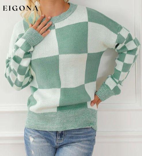 Checkered Drop Shoulder Long Sleeve Sweater clothes Ship From Overseas Sweater sweaters Sweatshirt SYNZ