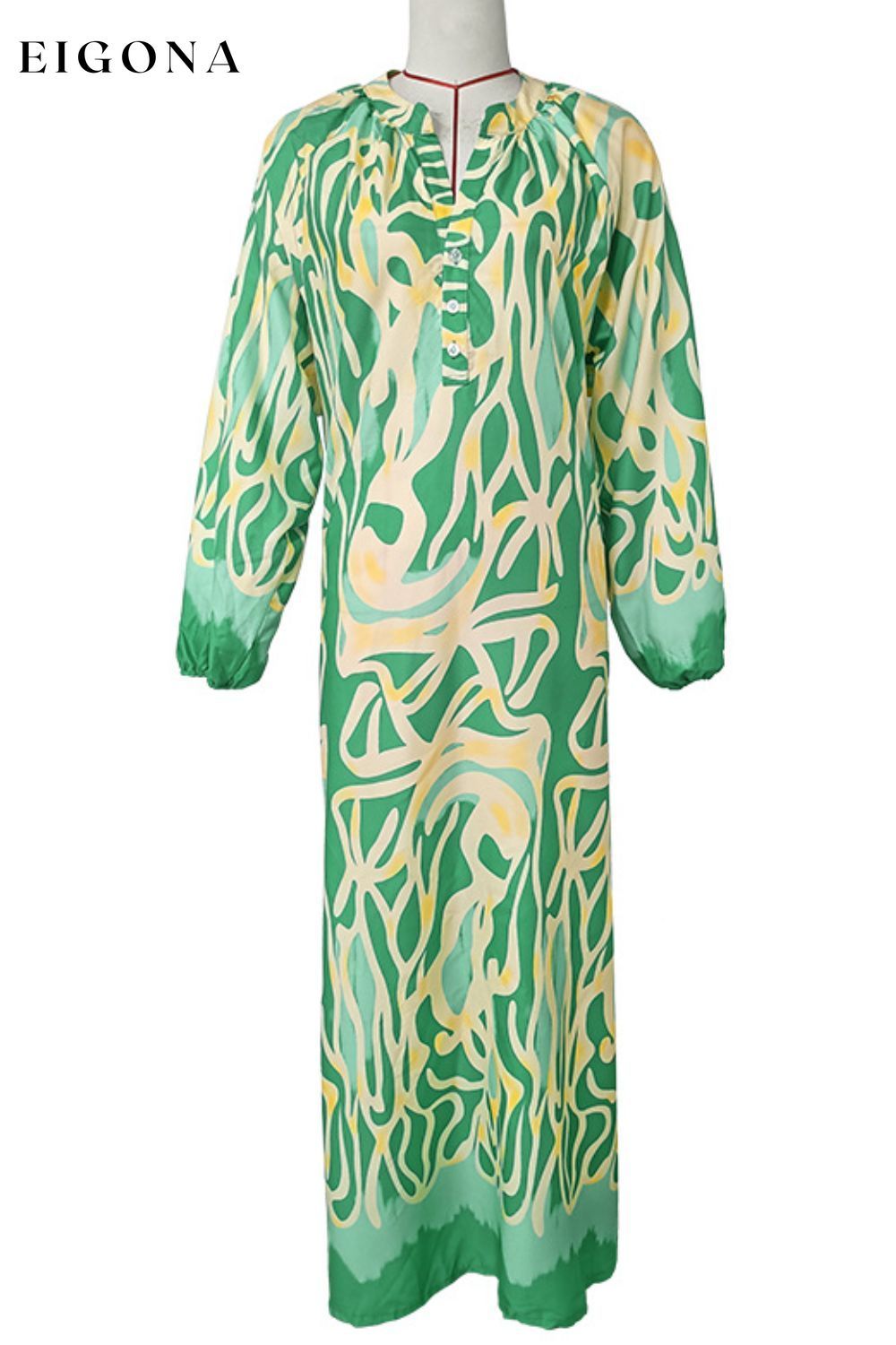 Abstract Print Buttoned Balloon Sleeve Dress casual dress casual dresses clothes dress dresses JR maxi dress maxi dresses Ship From Overseas Shipping Delay 09/29/2023 - 10/01/2023