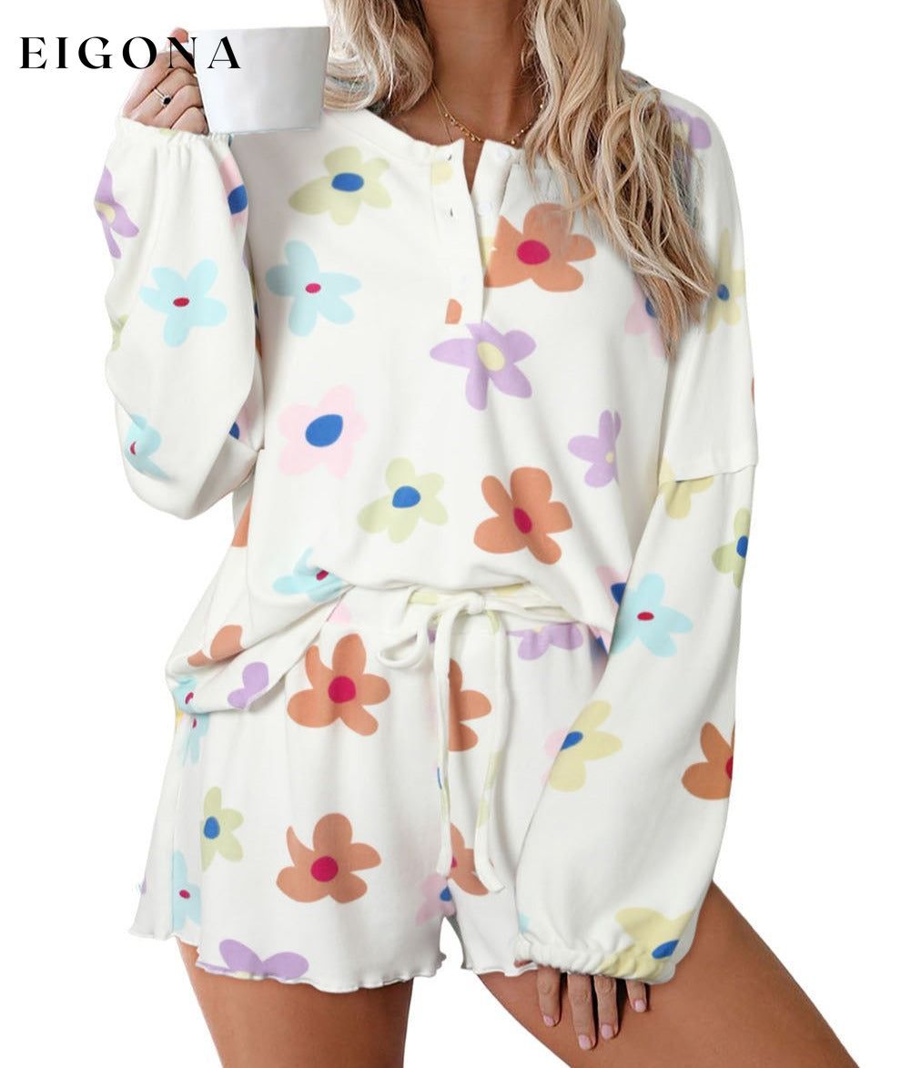 White Floral Long Sleeve Henley Top and Drawstring Shorts Set 2 pieces Best Sellers clothes EDM Monthly Recomend long sleeve set Occasion Home Print Floral Print Vintage Floral Season Winter set shorts set Style Southern Belle