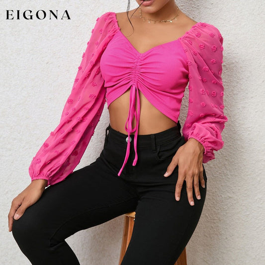 Swiss Dot Drawstring Cropped Blouse, Long Sleeve Crop top Hot Pink CATHSNNA clothes crop top croptop long sleeve shirt long sleeve shirts long sleeve top Ship From Overseas Shipping Delay 09/29/2023 - 10/03/2023 shirt shirts top tops