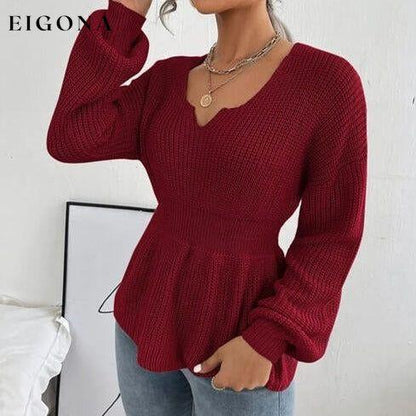 Notched Dropped Shoulder Knit Long Sleeve Top clothes long sleeve shirts long sleeve top long sleeve tops Ship From Overseas shirt shirts short sleeve shirt top tops X.W