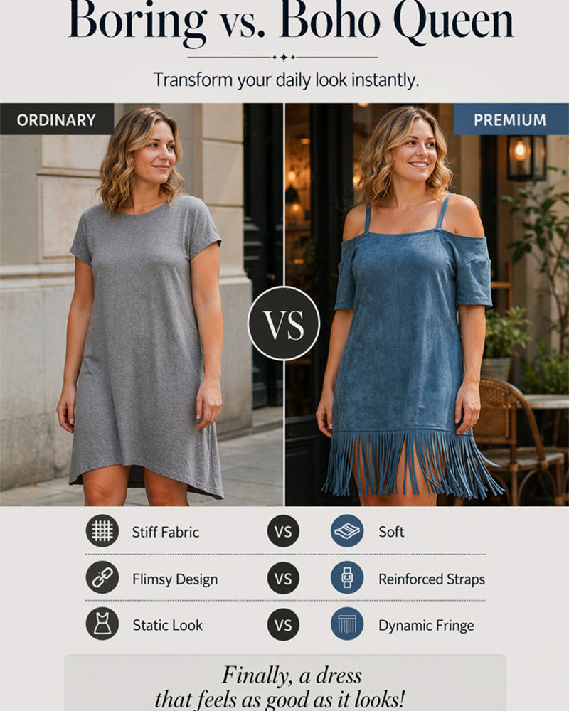 Spaghetti Strap Fringe Solid Off-Shoulder Dress