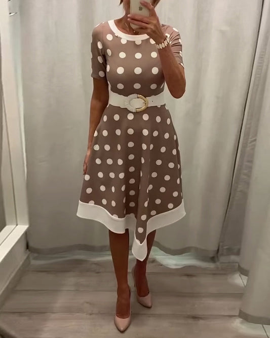 Elegant polka dot print round neck A-line dress