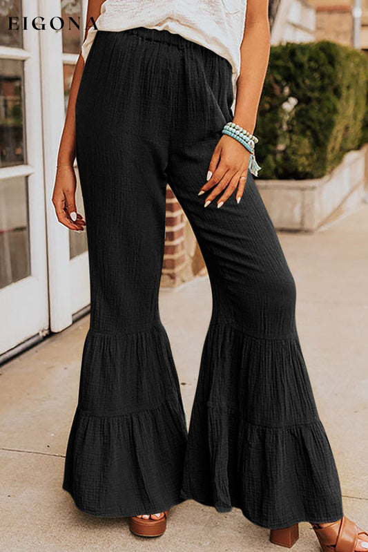 Black Textured High Waist Ruffled Bell Bottom Pants Black 100%Cotton All In Stock bottoms clothes Fabric Linen Occasion Daily pants Print Solid Color ruffles bell pants Season Spring Silhouette Flare Style Western