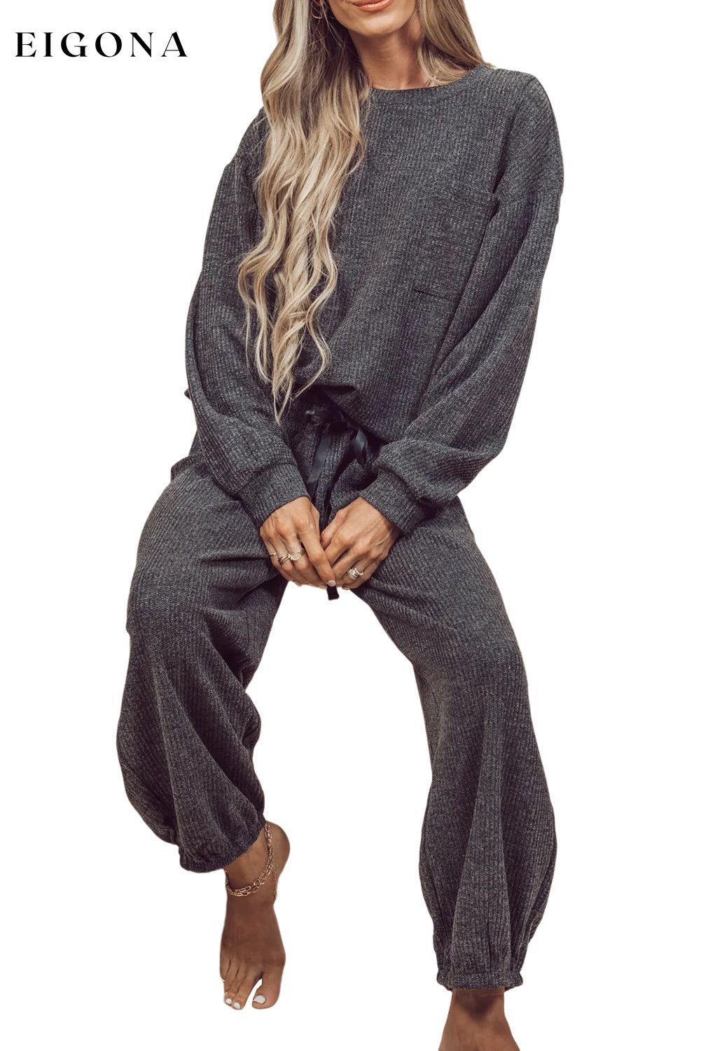 Carbon Grey Heather Ribbed Drop Shoulder Drawstring Pants Lounge Set All In Stock clothes Fabric Ribbed lounge wear loungewear Occasion Home pajamas pijamas Print Solid Color Season Winter Style Casual