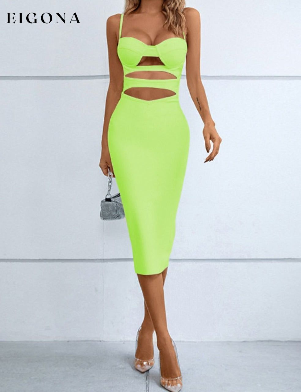 Cutout Spaghetti Strap Bodycon Dress Lime body con clothes cocktail dresses dress dresses evening evening dress evening dresses formal dress formal dresses midi dress midi dresses NF Ship From Overseas trend