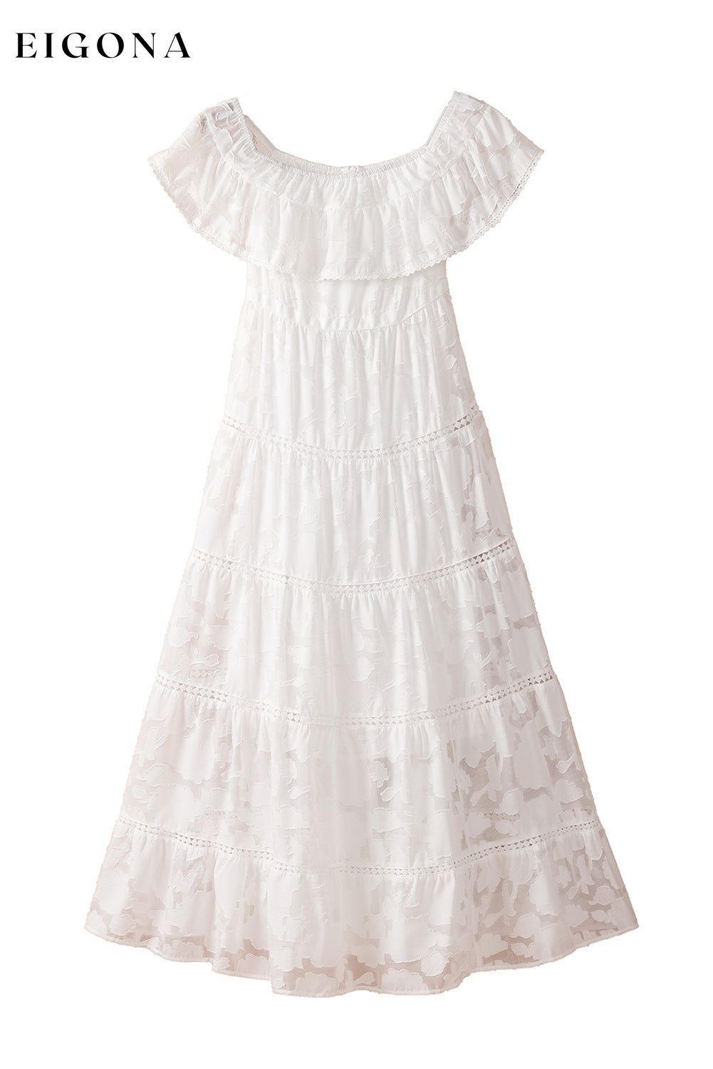 White Off-the-shoulder Ruffled Lace Maxi Dress clothes dress dresses Fabric Lace Lace maxi dress midi dress midi dresses Occasion Wedding Season Summer