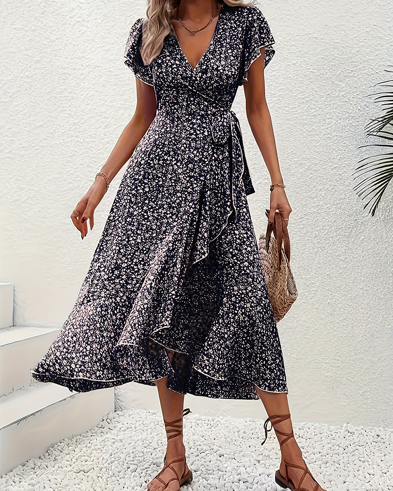 Small Floral Tie-Front Vacation Dress