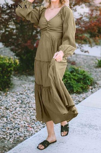 Ruched V-Neck Balloon Sleeve Tiered Dress casual dress casual dresses clothes clothing dress dresses long sleeve dresses midi dress Ship From Overseas SYNZ