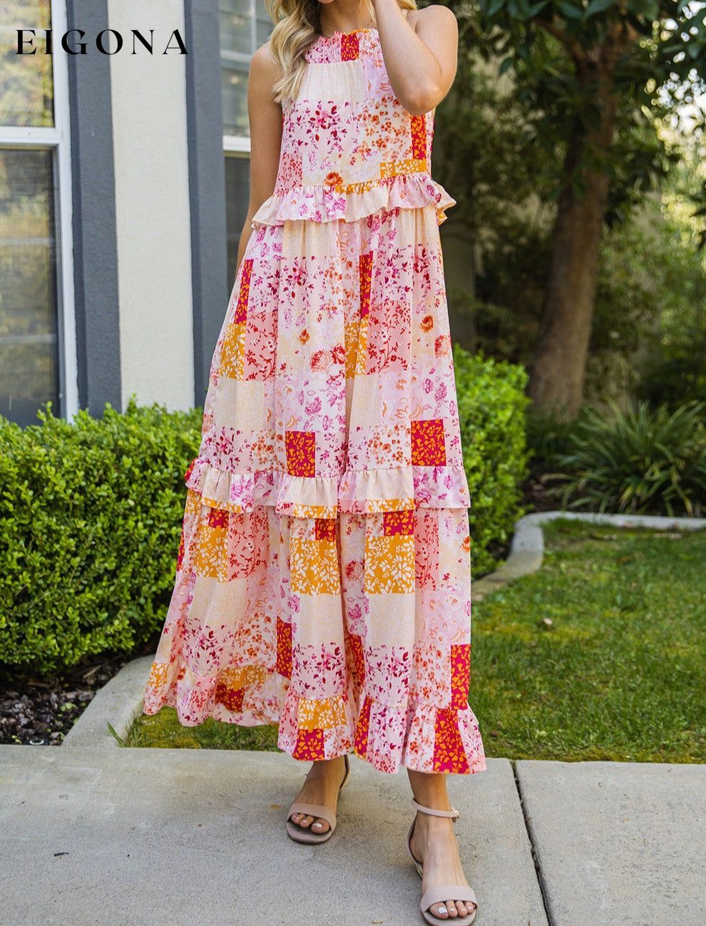 Patchwork Grecian Neck Ruffled Maxi Dress casual dress casual dresses clothes dress dresses maxi dress maxi dresses Ship From Overseas SYNZ