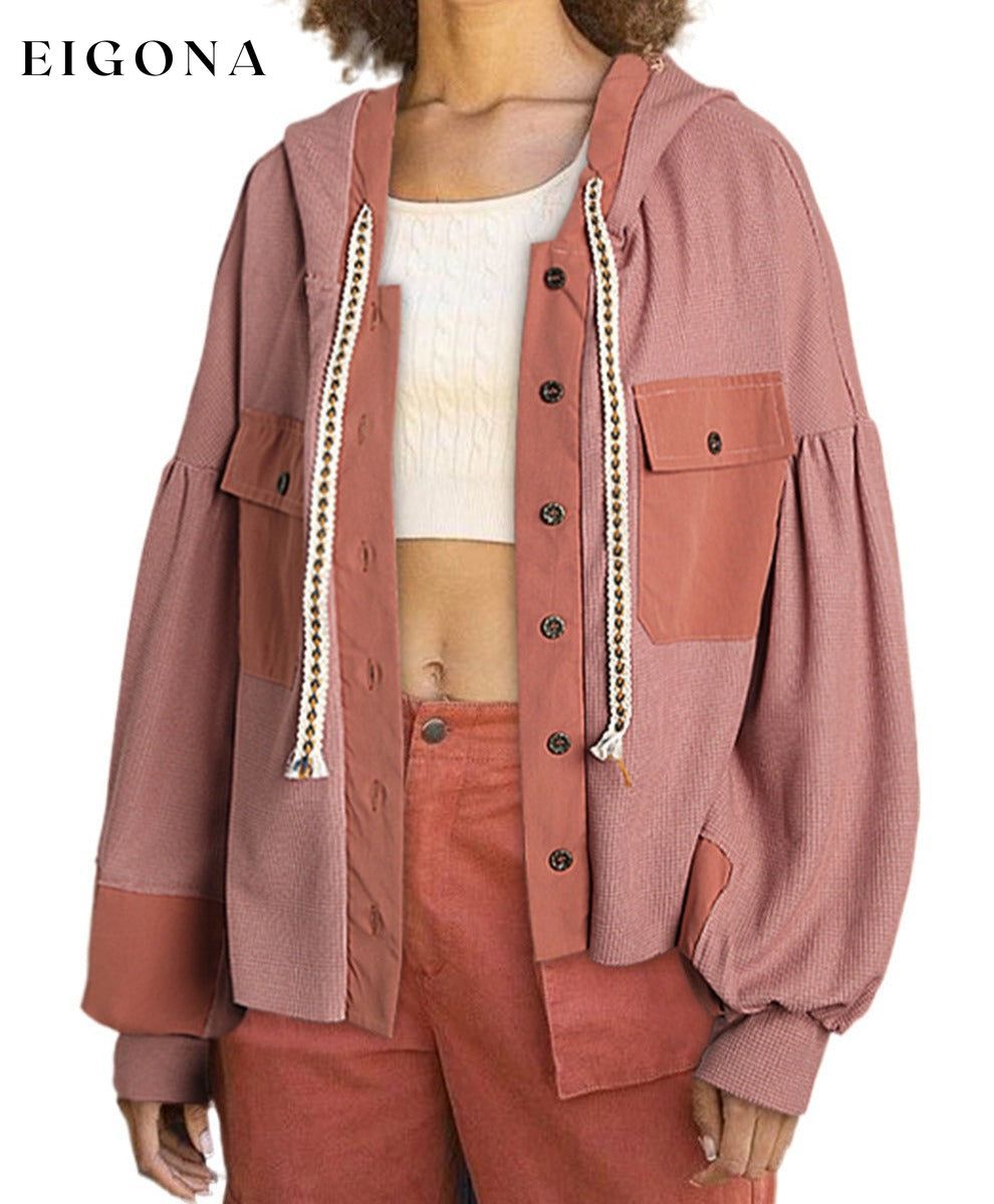 Chestnut Waffle Contrast Patch Puff Sleeve Hooded Shacket clothes Jacket Jackets & Coats