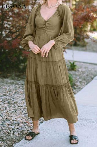 Ruched V-Neck Balloon Sleeve Tiered Dress Olive Brown casual dress casual dresses clothes clothing dress dresses long sleeve dresses midi dress Ship From Overseas SYNZ