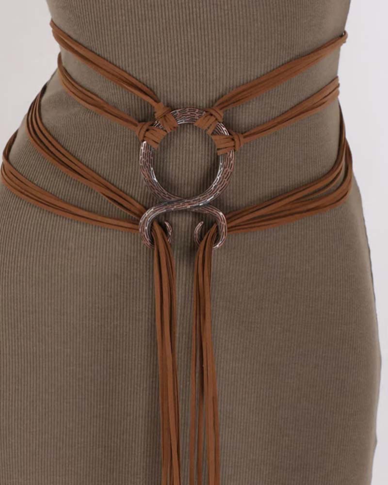 đ„Medieval Viking Braided Leather Belt Set, with Ring Buckle & Tassel Decorations