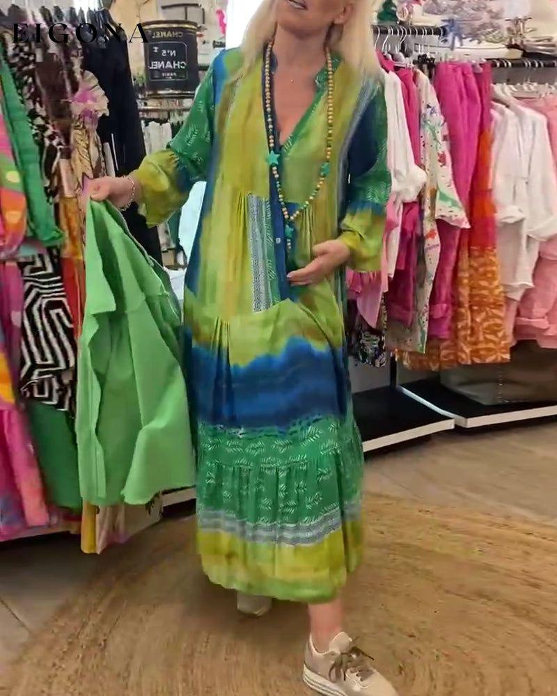 Printed casual V-neck flare sleeve long dress casual dresses spring summer vacation dresses