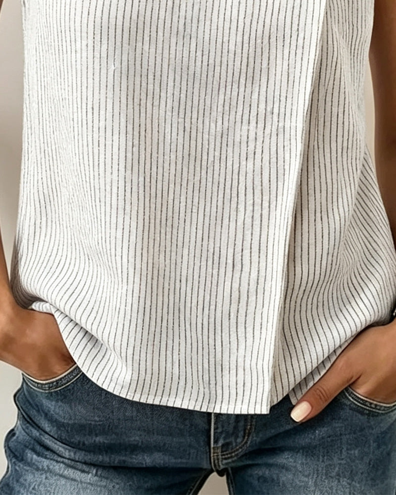 Striped Sleeveless Mock Neck Blouse