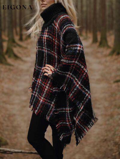 Turtleneck Plaid Raw Hem Sweater Fashion Poncho Clothes Outerwear Romantichut Ship From Overseas Sweater sweaters