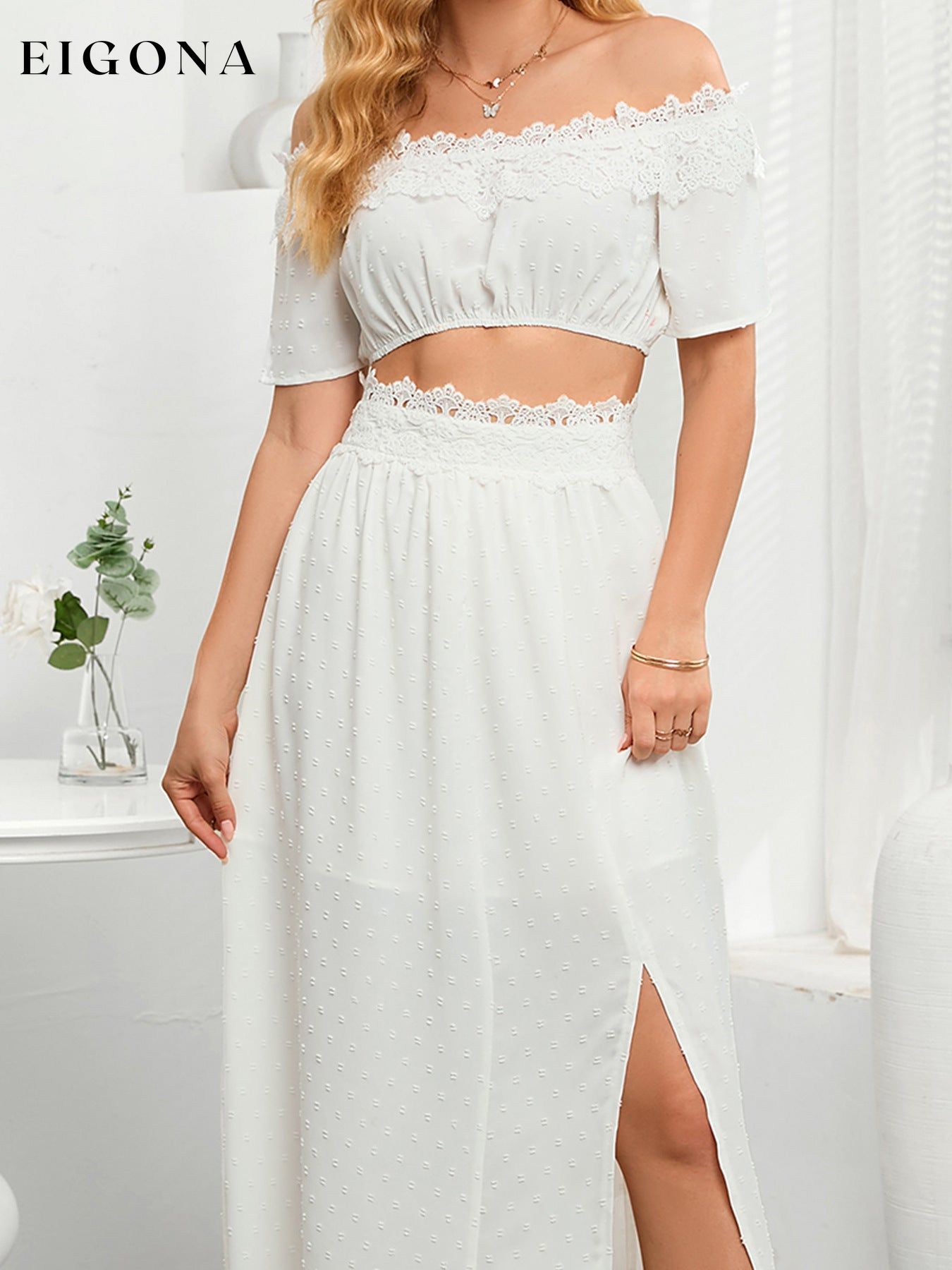 Swiss Dot Lace Trim Cropped Top and Slit Skirt Set CATHSNNA clothes crop top crop tops croptop Ship From Overseas Shipping Delay 09/29/2023 - 10/03/2023 skirt skirts