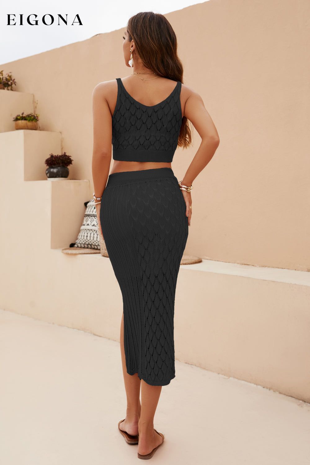 Openwork Cropped Tank and Split Skirt Set clothes S.F sets Ship From Overseas