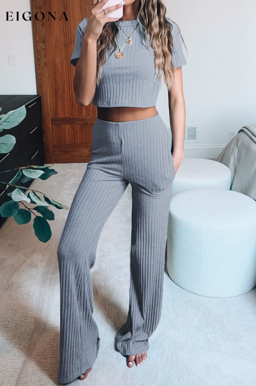 Ribbed Crop T-Shirt and Wide Leg Pants Lounge Set 2 pieces clothes lounge lounge wear loungewear pants setv set Ship From Overseas SYNZ