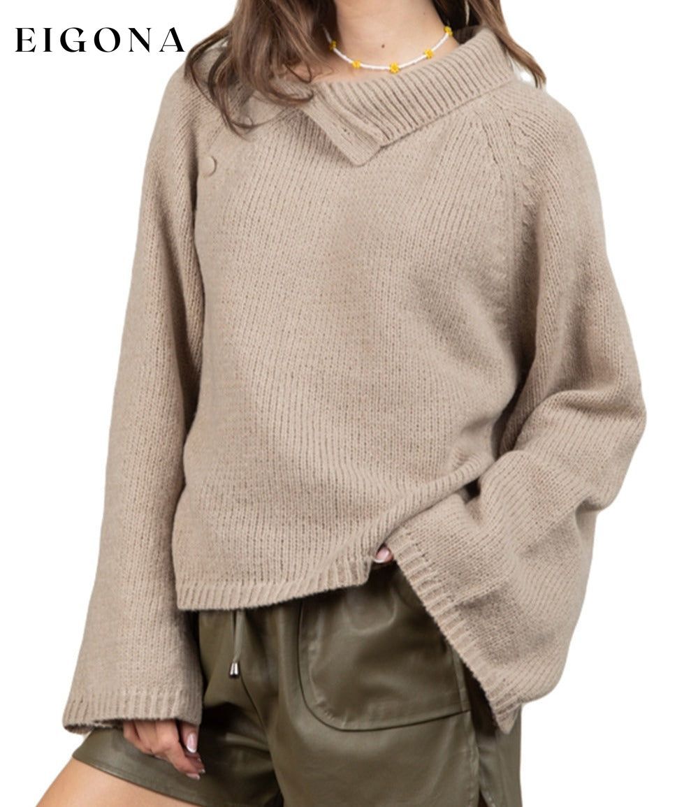 Smoke Gray Wide Sleeve High Neck Side Buttoned Sweater All In Stock clothes Occasion Daily Print Solid Color Season Fall & Autumn Style Casual Sweater sweaters