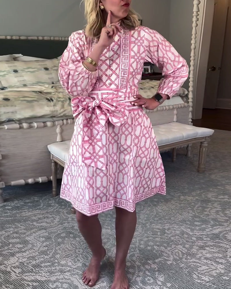 Lantern Sleeves Stand Collar Printed Loose Dress