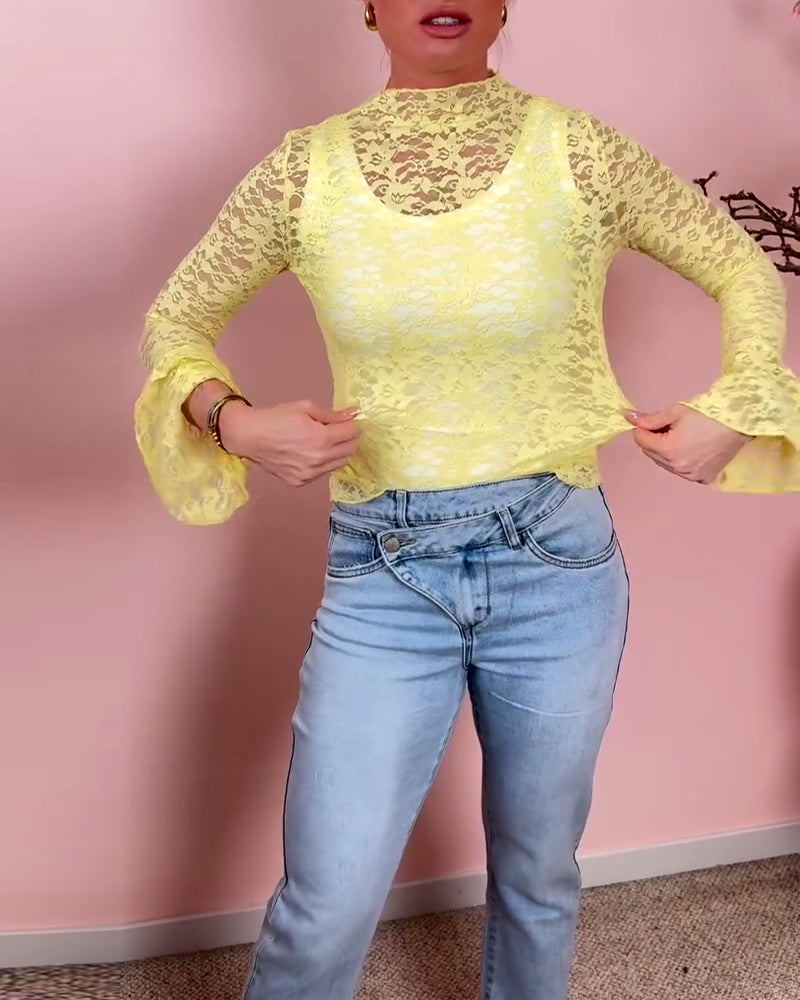 Trumpet Sleeves See-Through Lace Top