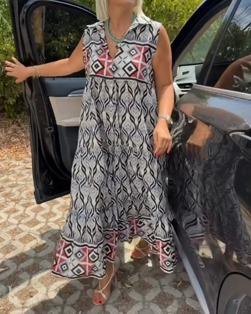 Sleeveless Lapel Printed Dress
