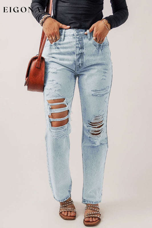 Beau Blue Vintage Acid Wash Distressed Straight Leg Ripped Jeans Beau Blue 71%Cotton+27.5%Polyester+1.5%Elastane All In Stock bottoms clothes DL Chic EDM Monthly Recomend Jeans Occasion Daily pants Print Solid Color Style Casual Women's Bottoms