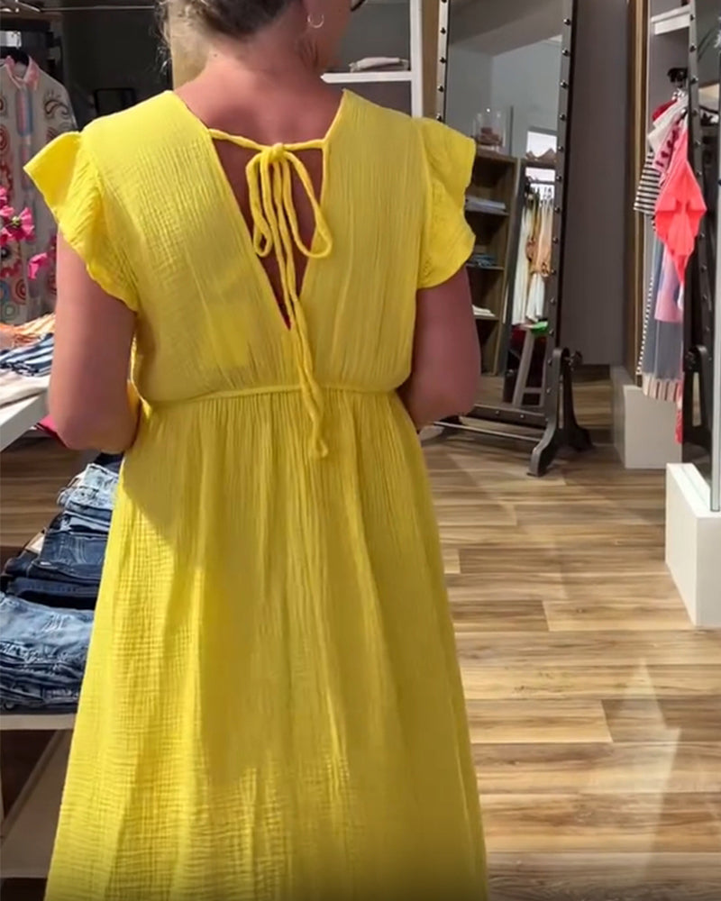 V-neck Ruffle Sleeves A-line Dress