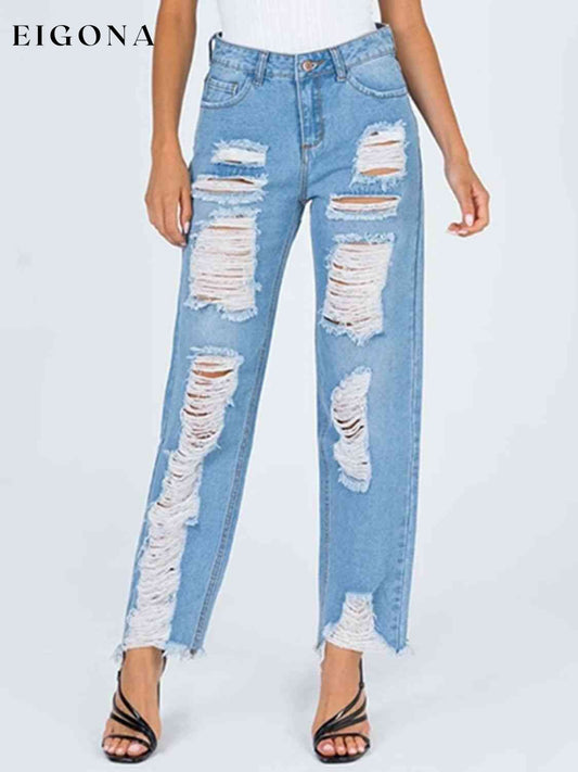 Raw Hem Distressed Straight Jeans Light bottoms clothes Jeans S.S.Ni Ship From Overseas Women's Bottoms