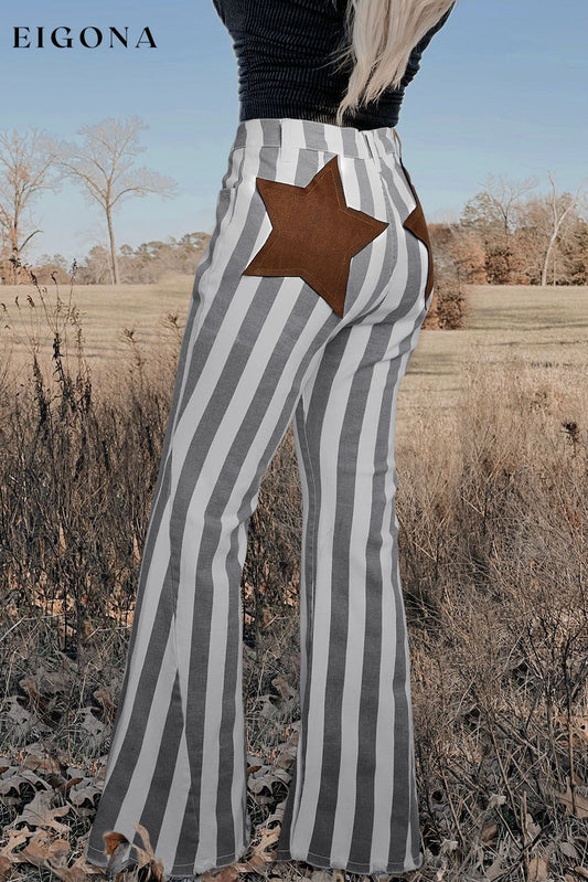 Stripe Star Embellished Western Flare Jeans Stripe 98%Cotton+2%Elastane All In Stock bottoms clothes high waisted wide jeans jeans Occasion Rock & Music Print Stripe Season Spring Style Western