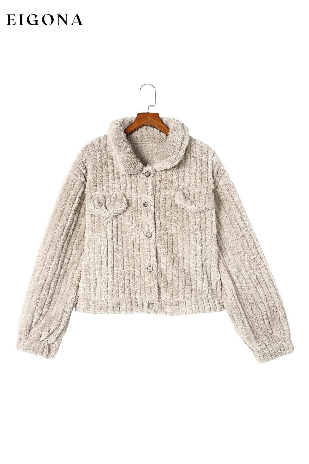 Khaki Solid Color Plush Fleece Button up Jacket All In Stock clothes Color Khaki DL Exclusive Fabric Fleece jacket Jackets & Coats long sleeve Occasion Daily Print Solid Color Season Winter