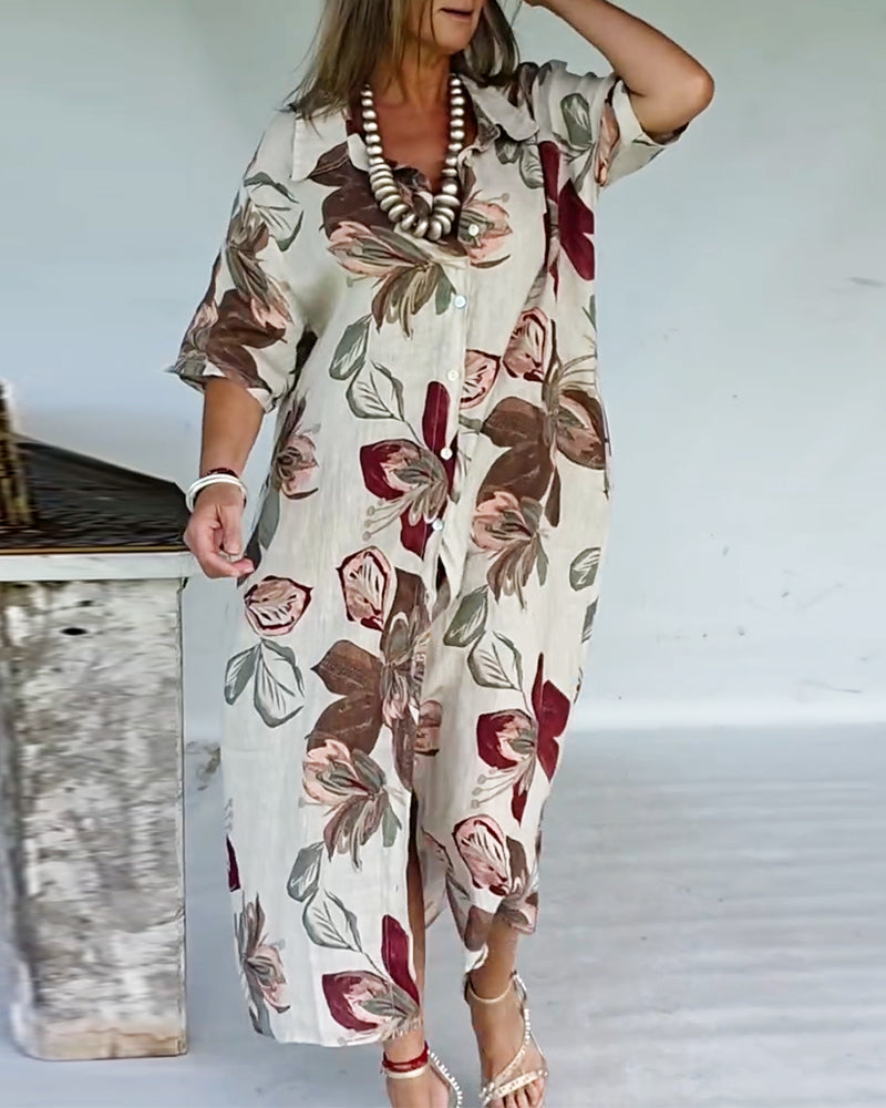 Stylish Lapel-Collar Printed Dress