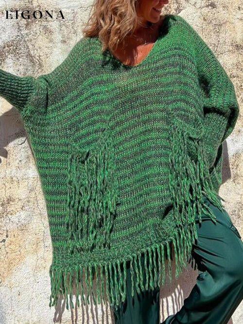 Fringe Detail Long Sleeve Sweater with Pockets A@Y@M clothes Ship From Overseas Sweater sweaters Sweatshirt